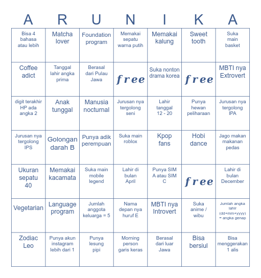 𝒇𝒊𝒏𝒅 𝒚𝒐𝒖𝒓 𝓐𝒓𝒖𝒏𝒊𝒌𝒂 ⋆｡˚ Bingo Card