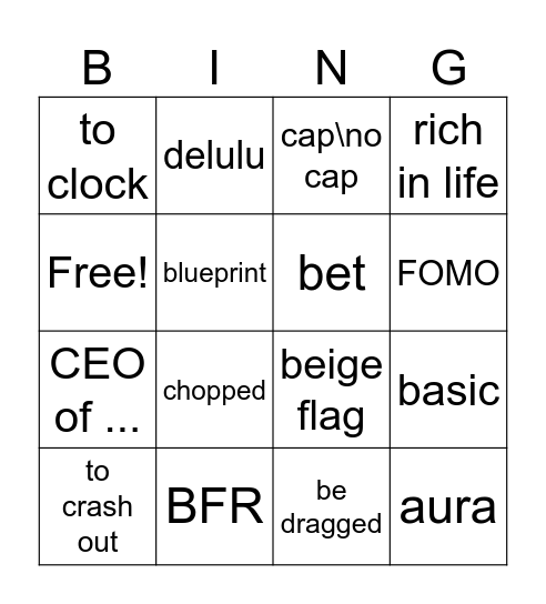 slang words to know 2026 Bingo Card