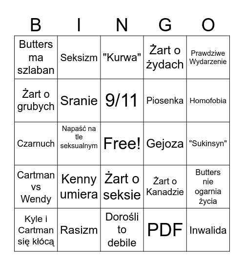 South Park Bingo Card