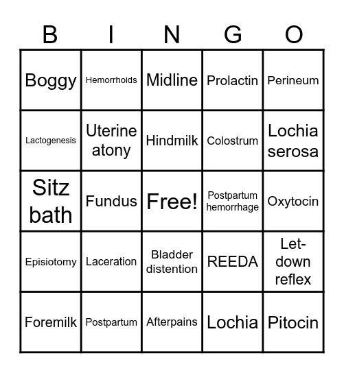 Postpartum BINGO Card