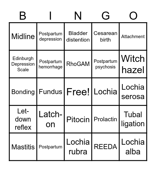 Postpartum BINGO Card