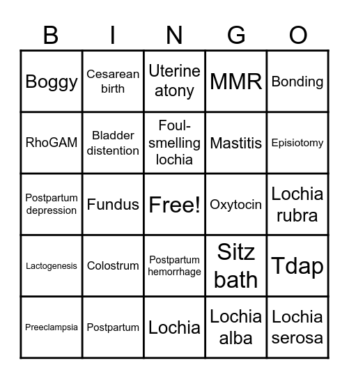 Postpartum BINGO Card