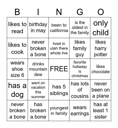 get to know you Bingo Card