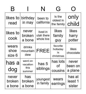 get to know you Bingo Card