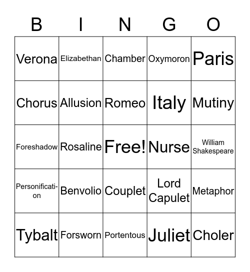 Romeo and Juliet Act 1 Bingo Card