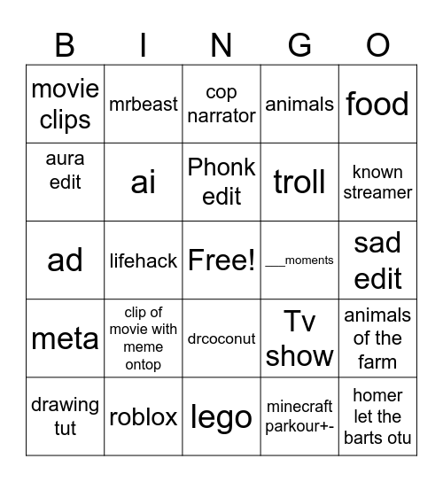 YT Shorts Bingo Card