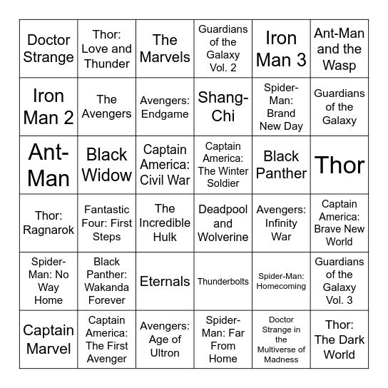 Marvel Movie Bingo Card