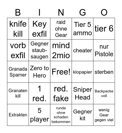 arena breakout Bingo Card