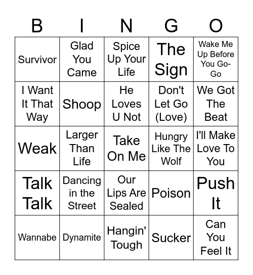 Boy Bands vs Girl Bands Bingo Card