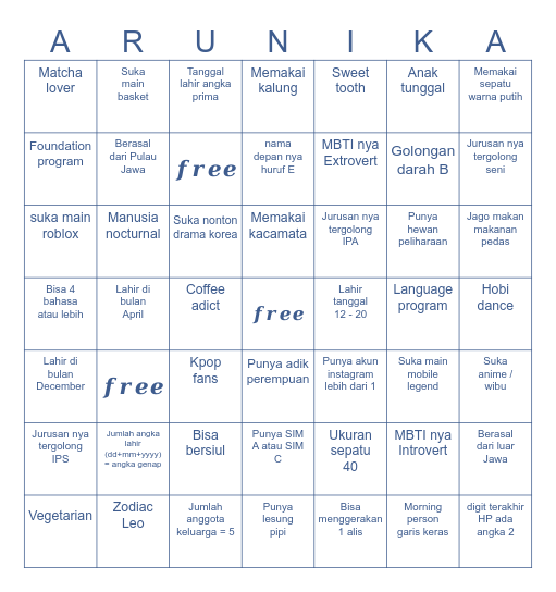 𝒇𝒊𝒏𝒅 𝒚𝒐𝒖𝒓 𝓐𝒓𝒖𝒏𝒊𝒌𝒂 ⋆｡˚ Bingo Card