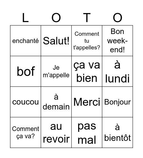 French Greetings Bingo Card