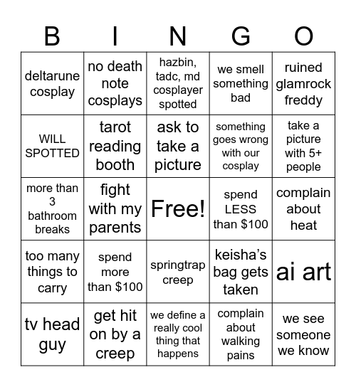 comic con bingo Card