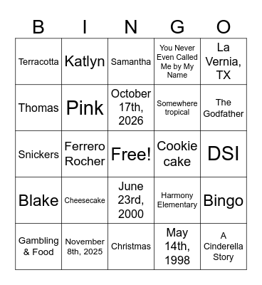 Samantha's Bridal Shower Bingo! Bingo Card
