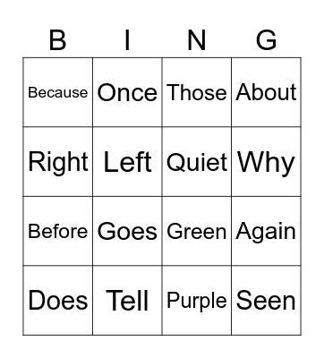 2nd Grade Sight Words Bingo Card