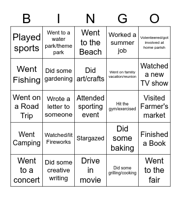 Summer Activities Bingo Card
