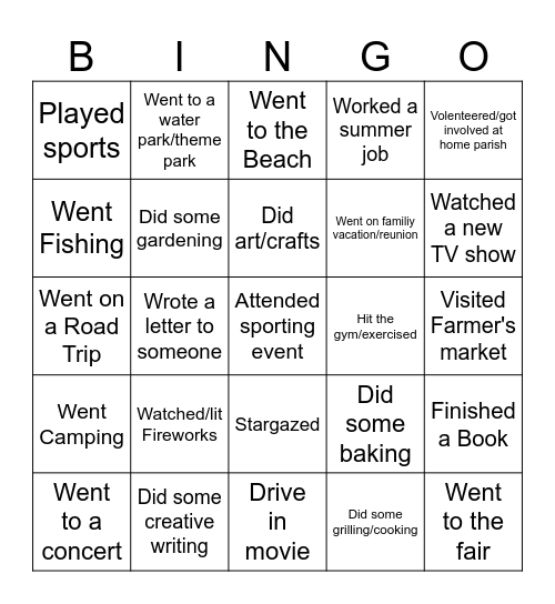Summer Activities Bingo Card