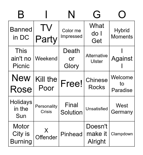 Punk Rock Game 2 Bingo Card
