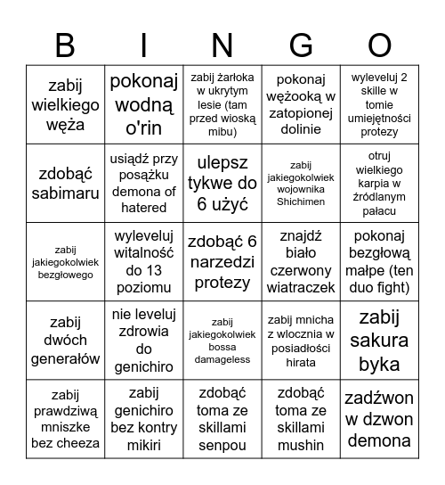 Bingo z sekiro Bingo Card