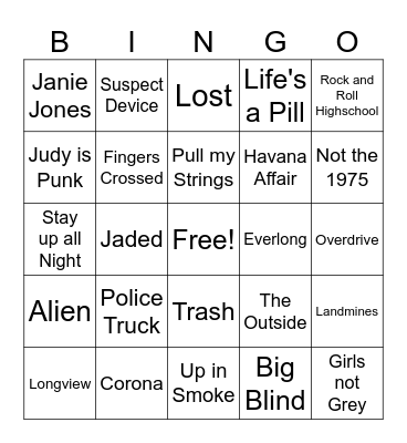 Punk Rock Game 3 Bingo Card