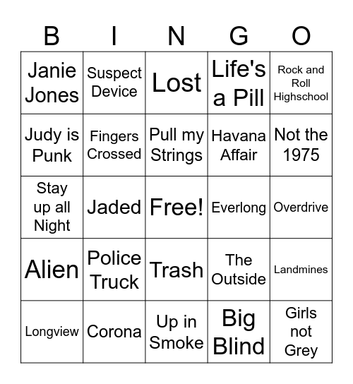 Punk Rock Game 3 Bingo Card