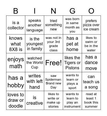 Welcome to Grade 4 - Find Someone Who Bingo! Bingo Card