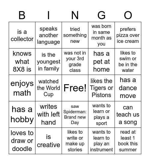 Welcome to Grade 4 - Find Someone Who Bingo! Bingo Card