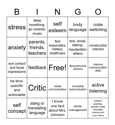 Communication Bingo Card