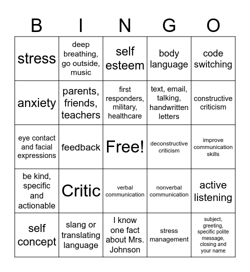 Communication Bingo Card