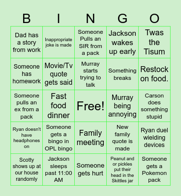 Johnson family bingo Card