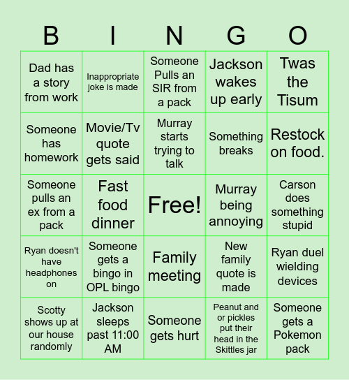 Johnson family bingo Card