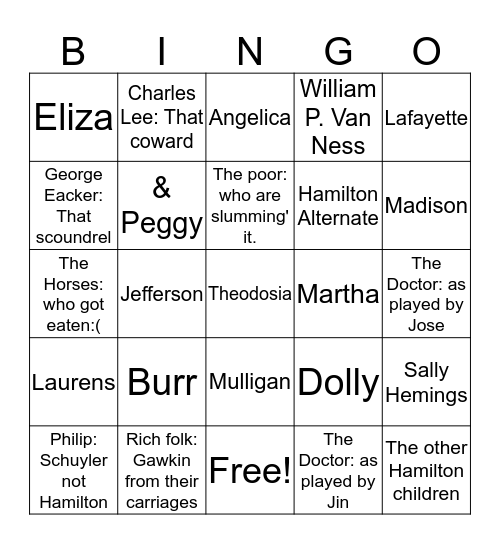 Hamilton Characters Bingo Card