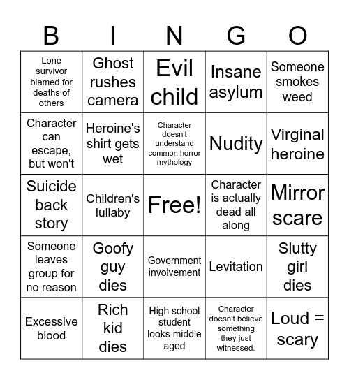 Babes Horror Bingo Card