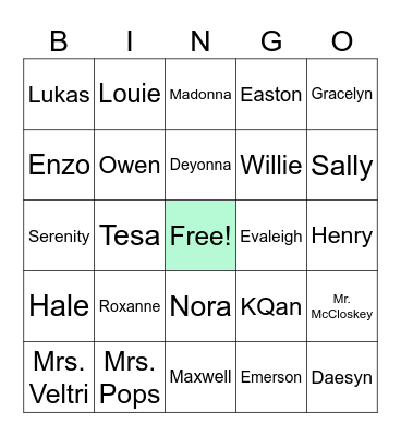 Names Bingo Card