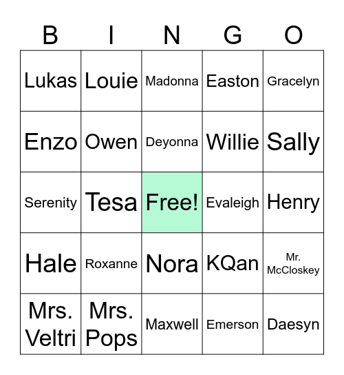 Names Bingo Card