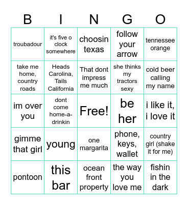 Country Music Bingo Card