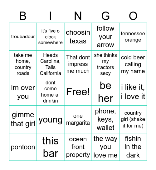 Country Music Bingo Card