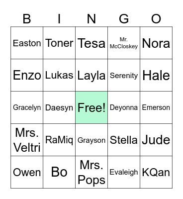 Names Bingo Card