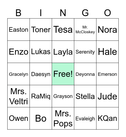 Names Bingo Card