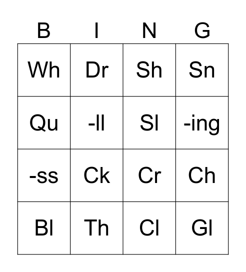 Consonant Clusters Bingo Card
