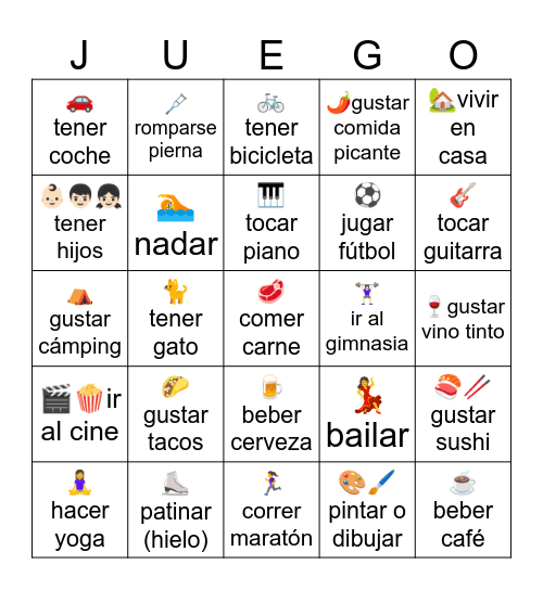 Bingo en Español Bingo Card