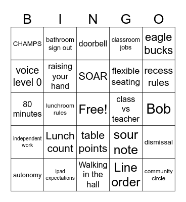 Routines and expectations Bingo Card