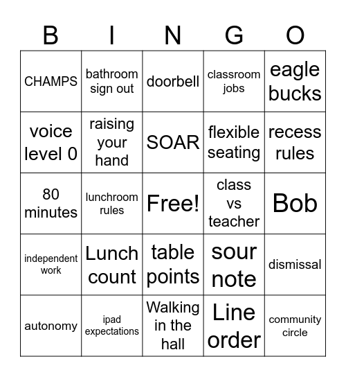Routines and expectations Bingo Card
