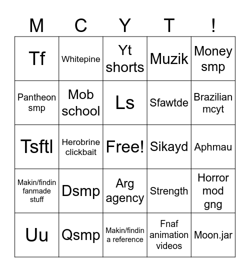 MCYT bingo Card