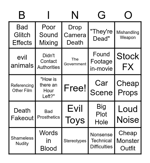 Found Footage Horror Bingo Card