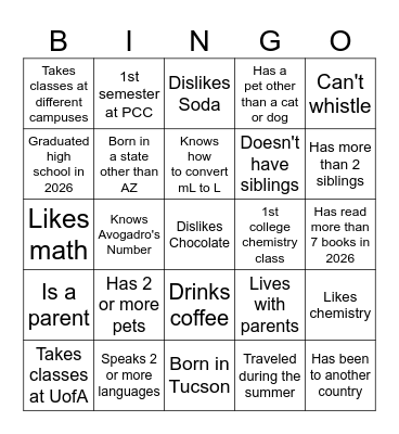 1st Day Bingo Card