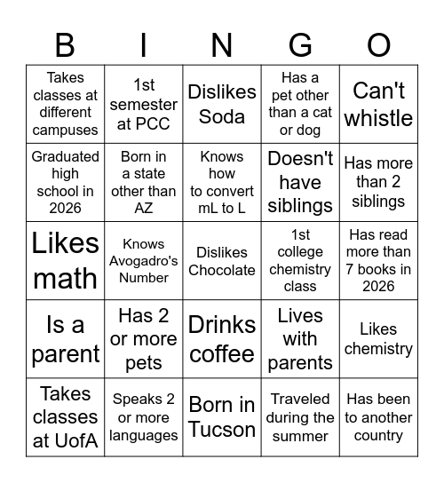 1st Day Bingo Card