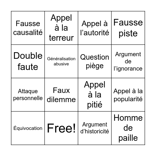 Raisonnements fallacieux Bingo Card