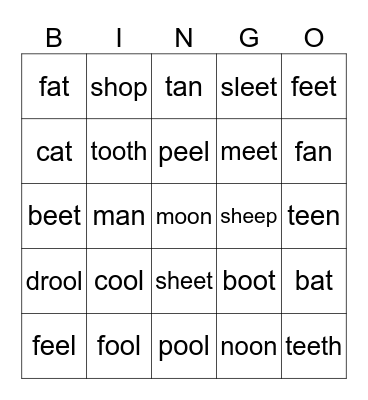 word ladders ee and oo Bingo Card