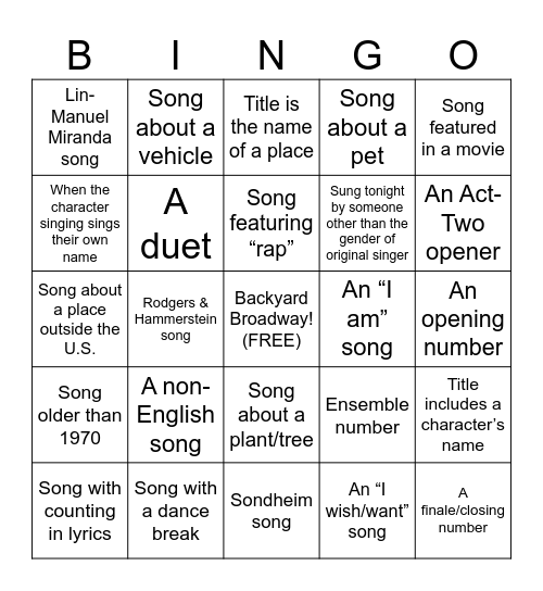 Show Tunes Karaoke Bingo Card
