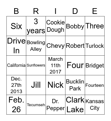 Bridal Game! Bingo Card